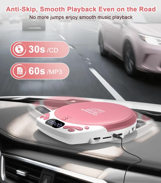 Alt view image 6 of 7 - Rechargeable Pink CD Player for Car & Home, Portable CD Player with Headphones, CD Players with 60s Anti-Skip, Supports CD/MP3/WMA/TF Card/AUX Output, Backlit / Lock / Programmable / Timer