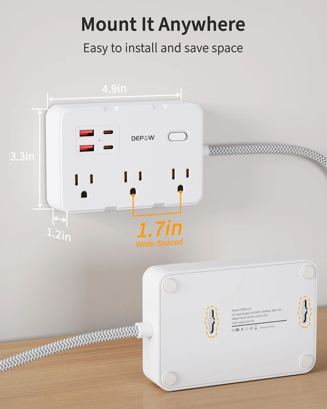 Alt view image 7 of 7 - 2 Prong to 3 Prong Power Strip, 6 Outlets 4 USB, 10 Ft Extension Cord Perfect for Old Houses with Non-grounded Outlets,1050J Two Prong Surge Protection- 2 USB C, Flat Plug,1625W/13A, White