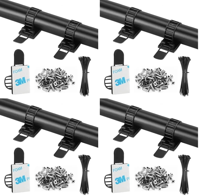 Main image of 100Pcs Adhesive Cable Management Clips with 50Pcs Zip Ties, Adjustable Nylon Cable Strap Ties Wire Clips Clamps Organizer with Strong Adhesive Tape, Extra Screw & Hole - 3.55 Inch Black (Pack of 4)