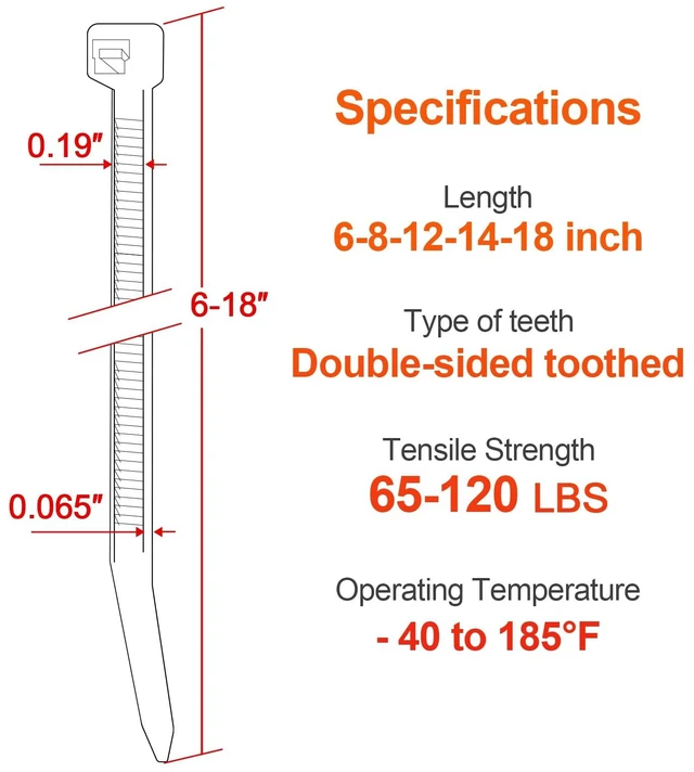 Alt view image 2 of 7 - Zip Ties Assorted Size,500 Pack,6+8+12+14+18 Inch Double Sided Toothed,120 LBS Tensile Strength Heavy Duty Cable Wire Ties Self-Locking Adjustable Durable Nylon Tie Wraps for Indoor Outdoor White
