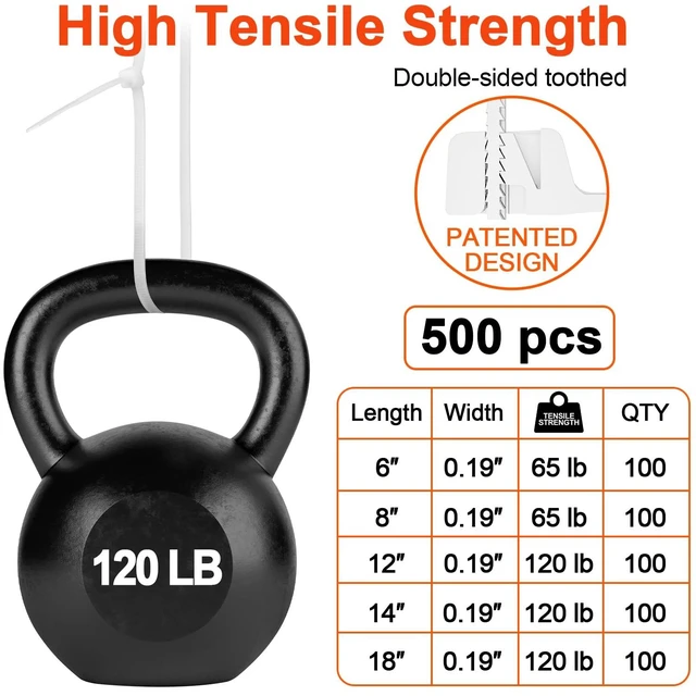 Alt view image 4 of 7 - Zip Ties Assorted Size,500 Pack,6+8+12+14+18 Inch Double Sided Toothed,120 LBS Tensile Strength Heavy Duty Cable Wire Ties Self-Locking Adjustable Durable Nylon Tie Wraps for Indoor Outdoor White