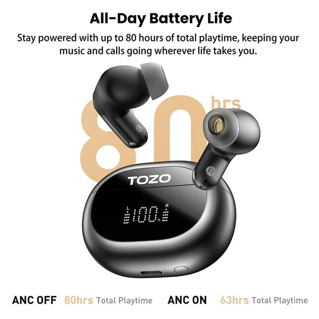Alt view image 5 of 7 - NC20 Active Noise Cancelling Wireless Earbuds LDAC Hi-Res Bluetooth 6 Mics AI Call Ear Buds 80H Playtime, Dual Pairing, 32 EQ via App, IPX8 Waterproof, Wireless Charging Case Glossy Black