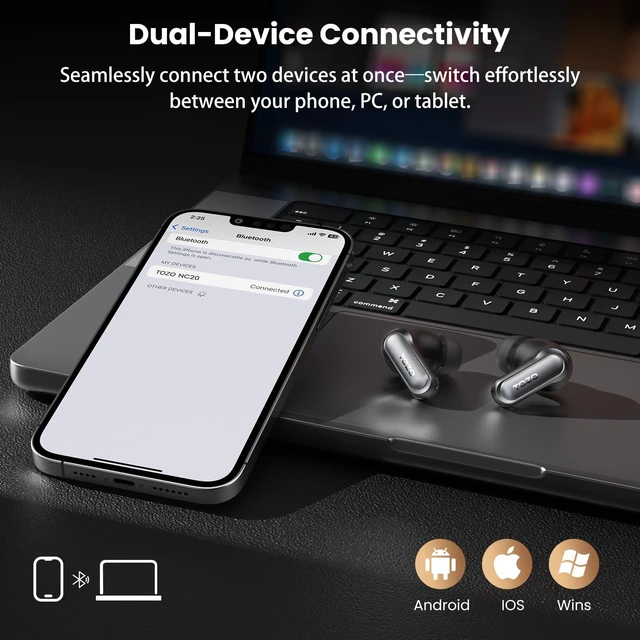 Alt view image 6 of 7 - NC20 Active Noise Cancelling Wireless Earbuds LDAC Hi-Res Bluetooth 6 Mics AI Call Ear Buds 80H Playtime, Dual Pairing, 32 EQ via App, IPX8 Waterproof, Wireless Charging Case Glossy Black