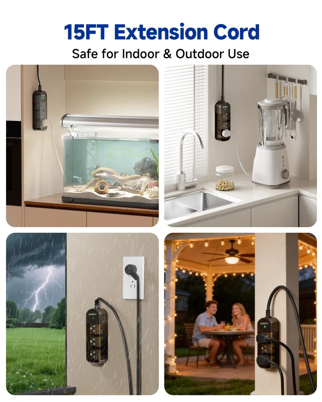 Alt view image 6 of 7 - Outdoor Power Strip Weatherproof, 3 AC Outlets, 15FT Extension Cord 1625W/13A, Anti-Electric Shock, IPX6 Waterproof Surge Protector for Backyard, Patio, Garage, Workshop, Pool, Wall Mountable
