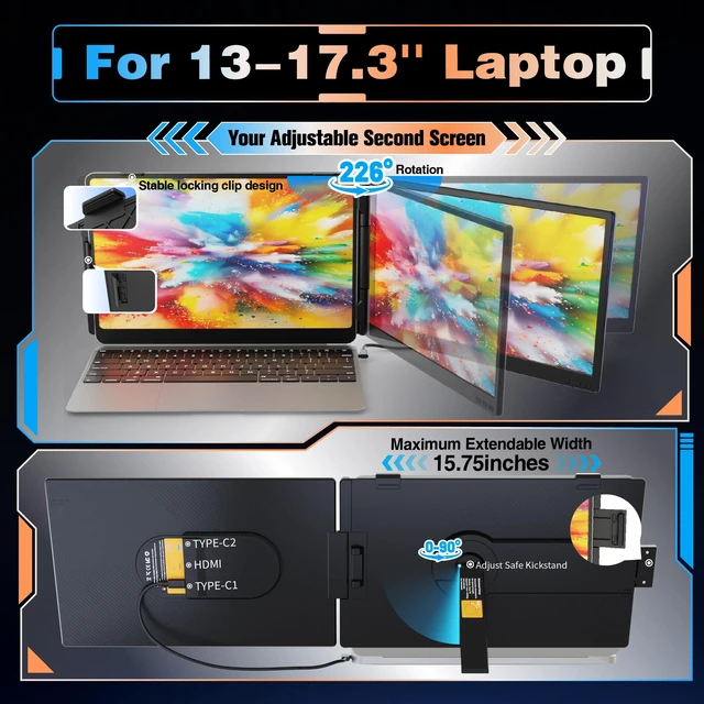 Alt view image 7 of 7 - Laptop Screen Extender 14", Ultra Thin 0.27" FHD 1080P Portable Monitor for Laptop 13-17.3", Plug n Play Extra Monitor Extender, Eye Care Second Screen for MacBook/Windows/Android/Switch/PS5