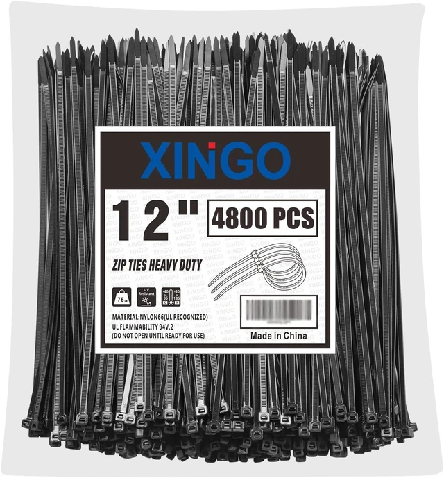 Main image of 12 Inch Black Zip Ties 4800 PCS, 75 LBS Ultra Strong Tensile Strength, UV Resistant Cable Ties, Self-locking Plastic Ties for Indoor and Outdoor Use