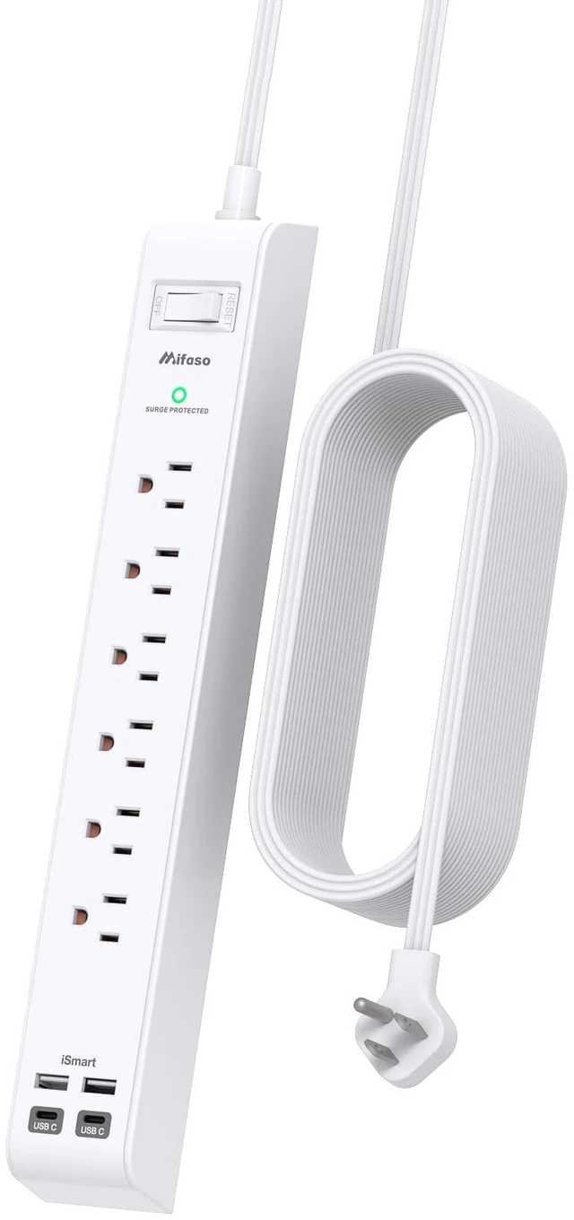 Main image of Long Power Strip Flat Plug Extension Cord, 10-in-1 with 6 AC Outlets 4 USB Ports(2 USB-C), Ultra Flat Plug Braided Extension Cord, Wall Mountable, 1080J Surge Protection