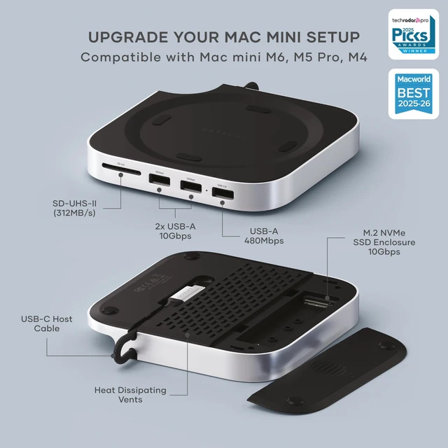 Alt view image 2 of 7 - Mac mini M6, M5 Pro, M4 Hub & Stand with NVMe SSD Enclosure, Silver 2 USB-A ports up to 10 Gbps, USB-A data port, SD card reader, optimized self-cooling