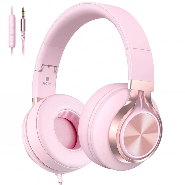 Main image of Wired Over-Ear Headphones Pink with Mic for School Work, 3.5mm Jack Corded Passive Noise Isolating Stereo Headphones with Volume Control, Comfort Protein Leather Earcups for Teens, Women, Girls