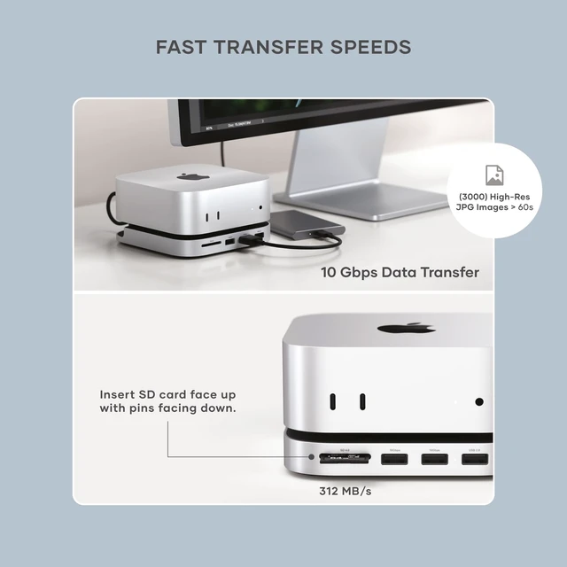 Alt view image 4 of 7 - Mac mini M6, M5 Pro, M4 Hub & Stand with NVMe SSD Enclosure, Silver 2 USB-A ports up to 10 Gbps, USB-A data port, SD card reader, optimized self-cooling