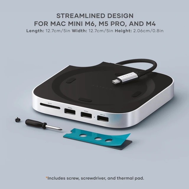 Alt view image 7 of 7 - Mac mini M6, M5 Pro, M4 Hub & Stand with NVMe SSD Enclosure, Silver 2 USB-A ports up to 10 Gbps, USB-A data port, SD card reader, optimized self-cooling