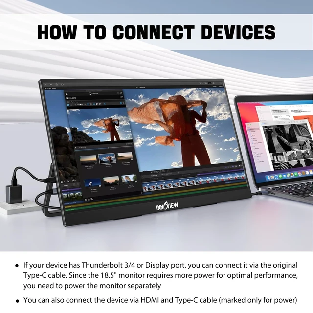 Alt view image 2 of 7 - Portable Monitor 18.5 inch 100HZ 120% sRGB, 1080P FHD IPS Large Portable Monitors for Laptop USB C HDMI HDR Travel Monitor with Kickstand Mac PC Xbox PS4/5 Switch