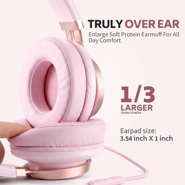 Alt view image 2 of 7 - Wired Over-Ear Headphones Pink with Mic for School Work, 3.5mm Jack Corded Passive Noise Isolating Stereo Headphones with Volume Control, Comfort Protein Leather Earcups for Teens, Women, Girls