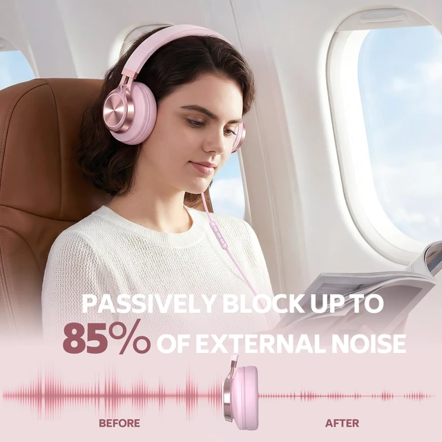 Alt view image 4 of 7 - Wired Over-Ear Headphones Pink with Mic for School Work, 3.5mm Jack Corded Passive Noise Isolating Stereo Headphones with Volume Control, Comfort Protein Leather Earcups for Teens, Women, Girls
