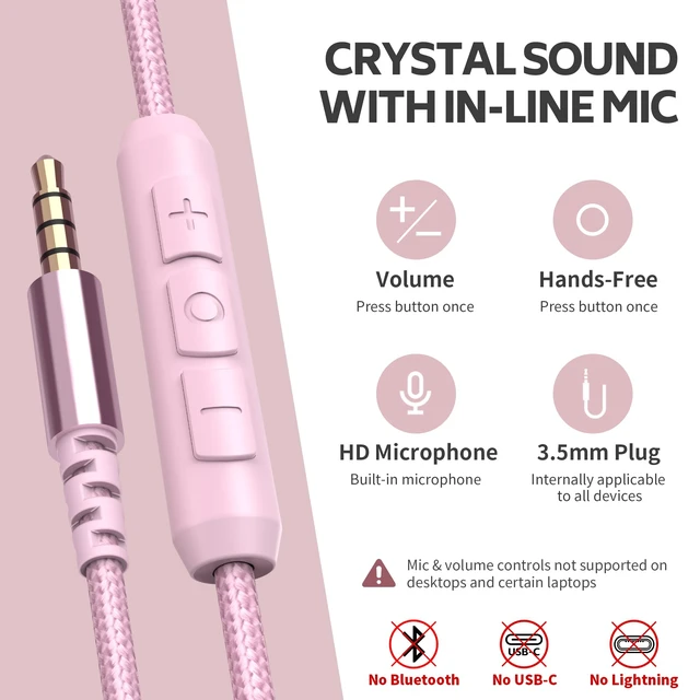 Alt view image 5 of 7 - Wired Over-Ear Headphones Pink with Mic for School Work, 3.5mm Jack Corded Passive Noise Isolating Stereo Headphones with Volume Control, Comfort Protein Leather Earcups for Teens, Women, Girls