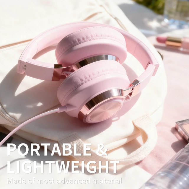 Alt view image 6 of 7 - Wired Over-Ear Headphones Pink with Mic for School Work, 3.5mm Jack Corded Passive Noise Isolating Stereo Headphones with Volume Control, Comfort Protein Leather Earcups for Teens, Women, Girls