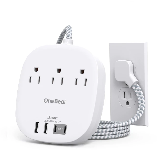 Main image of Cruise Ship Travel Essentials, 1Ft Short Extention Cord, 22.5W/4.5A, White 3 Outlets 4 USB Ports (2 USB C) Cruise Approved Power Strip Flat Plug No Surge Protection, Dorm Room Desktop Charging Station