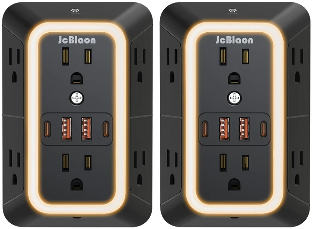 Main image of 2 Pack Outlet Extender Power Strip, Multi Plug Outlet Surge Protector, 6 AC Surge Protector Outlets with 4 USB Ports (2 USB C) and Night Light, 1050J 3-Sided Wall Outlet for Home Travel Office -ETL