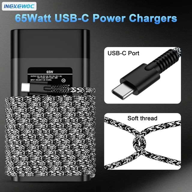Alt view image 2 of 7 - Slim 65W USB C Charger Compatible with HP Chromebook,Elite x2,ProBook,Elitebook x360,Elitebook,Spectre X360,Spectre,Envy X360,Type C Fast Charging Power Cord Ac Adapter