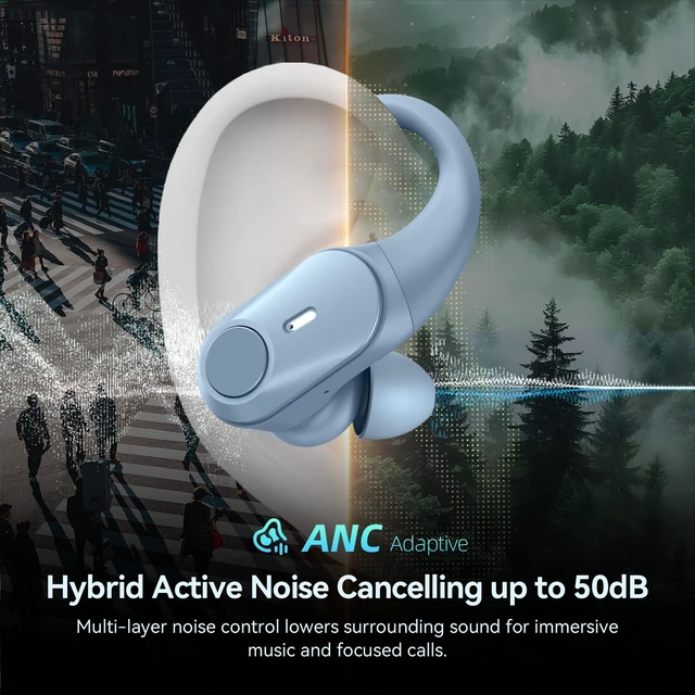 Alt view image 2 of 7 - Active Noise Cancelling Ear Buds Wireless Bluetooth Headphones 80H Playtime Display Charging Case 50dB ANC Over Earhooks Earbuds with Hi-Res Sound Clear Calls for Sport Running Gym Workout Sierra Blue