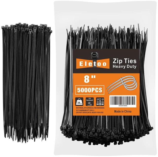 Main image of 8 Inch Black Zip Ties 5000 Pack Cable Ties 35 LBS UV Resistant Cable Ties, Weatherproof, Self-Locking for Indoor and Outdoor
