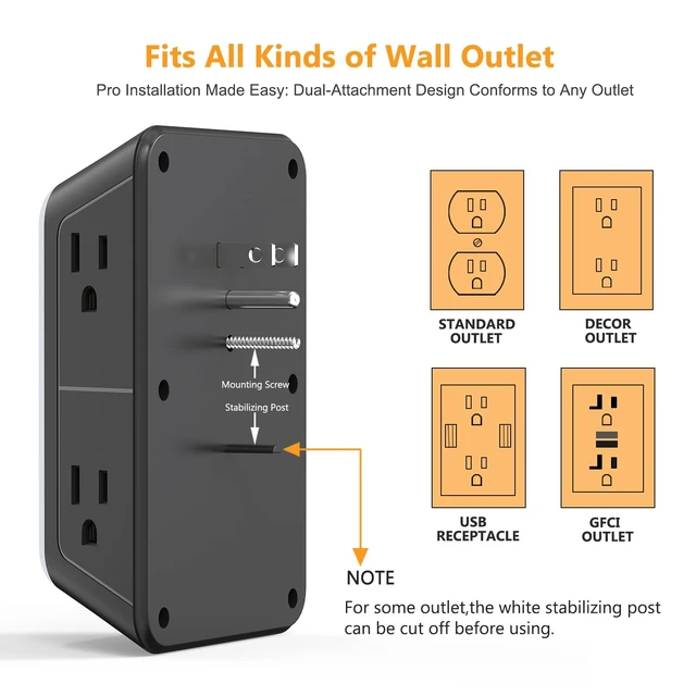 Alt view image 7 of 7 - 2 Pack Outlet Extender Power Strip, Multi Plug Outlet Surge Protector, 6 AC Surge Protector Outlets with 4 USB Ports (2 USB C) and Night Light, 1050J 3-Sided Wall Outlet for Home Travel Office -ETL