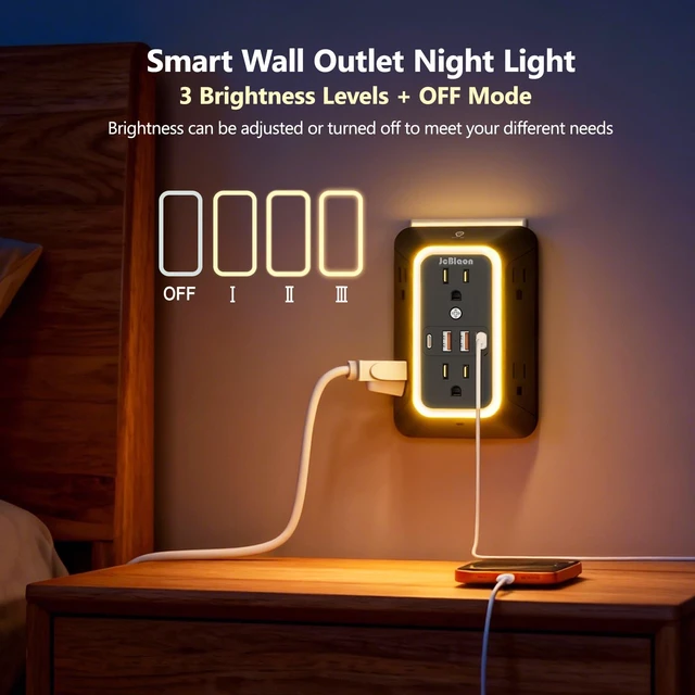 Alt view image 4 of 7 - 2 Pack Outlet Extender Power Strip, Multi Plug Outlet Surge Protector, 6 AC Surge Protector Outlets with 4 USB Ports (2 USB C) and Night Light, 1050J 3-Sided Wall Outlet for Home Travel Office -ETL
