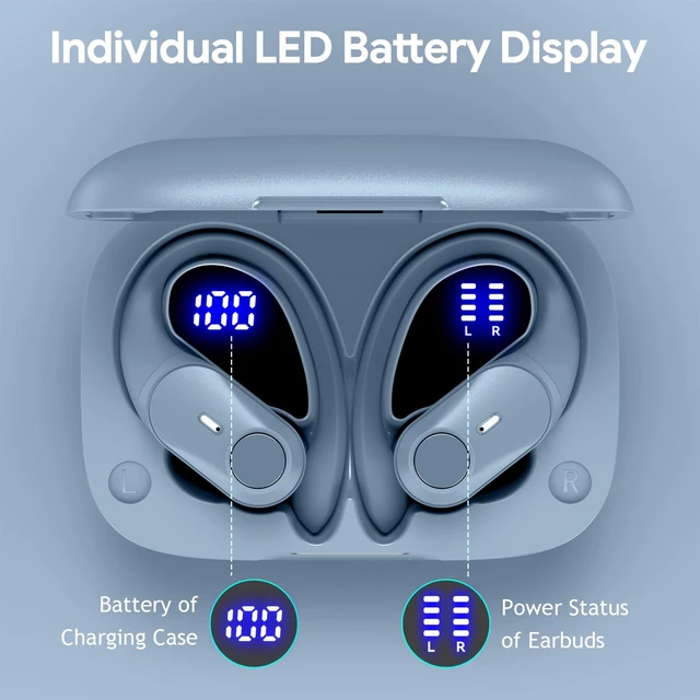 Alt view image 6 of 7 - Active Noise Cancelling Ear Buds Wireless Bluetooth Headphones 80H Playtime Display Charging Case 50dB ANC Over Earhooks Earbuds with Hi-Res Sound Clear Calls for Sport Running Gym Workout Sierra Blue