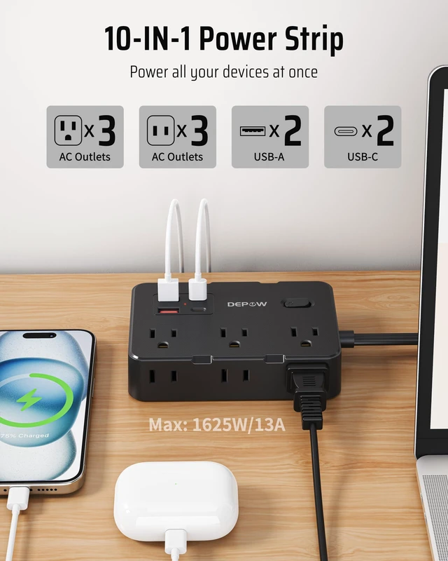 Alt view image 2 of 7 - Surge Protector Power Strip with 6 Outlets 4 USB Ports (2 USB C),5 FT Flat Plug Extension Cord for Home Office, Dorm, Nightstand, 1625/13A, 1050J, Widely Spaced Outlets, Black