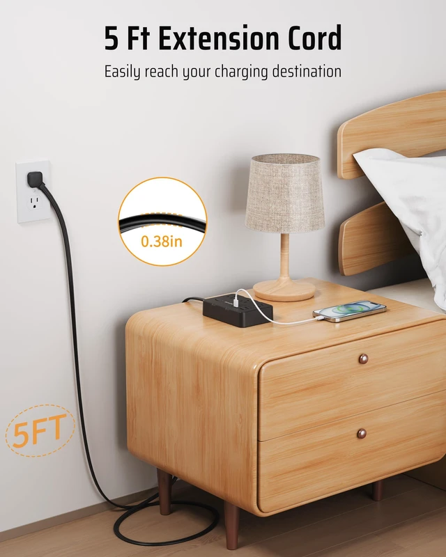 Alt view image 4 of 7 - Surge Protector Power Strip with 6 Outlets 4 USB Ports (2 USB C),5 FT Flat Plug Extension Cord for Home Office, Dorm, Nightstand, 1625/13A, 1050J, Widely Spaced Outlets, Black