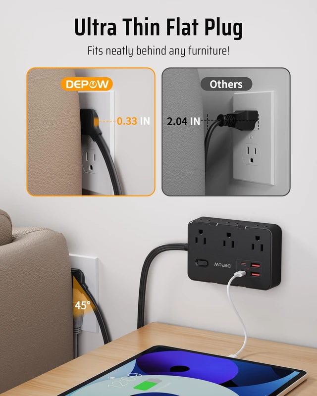 Alt view image 3 of 7 - Surge Protector Power Strip with 6 Outlets 4 USB Ports (2 USB C),5 FT Flat Plug Extension Cord for Home Office, Dorm, Nightstand, 1625/13A, 1050J, Widely Spaced Outlets, Black