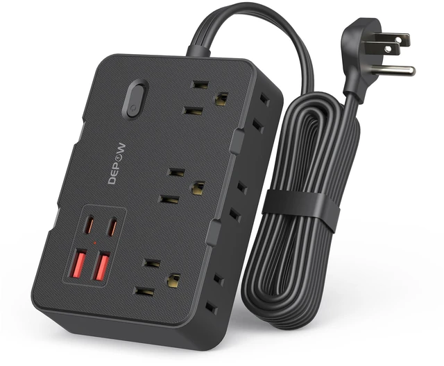 Main image of Surge Protector Power Strip with 6 Outlets 4 USB Ports (2 USB C),5 FT Flat Plug Extension Cord for Home Office, Dorm, Nightstand, 1625/13A, 1050J, Widely Spaced Outlets, Black