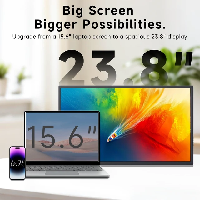 Alt view image 2 of 7 - 23.8" Portable Monitor 120Hz FHD 1080P IPS USB-C HDMI Laptop PC 1080P External Monitor, 400 Nits HDR Large Second Screen, VESA Compatible Travel Monitor for MacBook, PC, Phone, Xbox, Switch