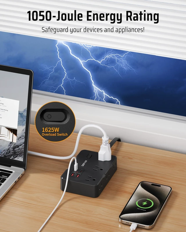 Alt view image 6 of 7 - Surge Protector Power Strip with 6 Outlets 4 USB Ports (2 USB C),5 FT Flat Plug Extension Cord for Home Office, Dorm, Nightstand, 1625/13A, 1050J, Widely Spaced Outlets, Black