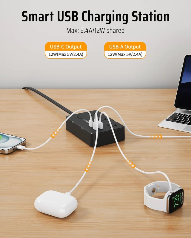 Alt view image 5 of 7 - Surge Protector Power Strip with 6 Outlets 4 USB Ports (2 USB C),5 FT Flat Plug Extension Cord for Home Office, Dorm, Nightstand, 1625/13A, 1050J, Widely Spaced Outlets, Black