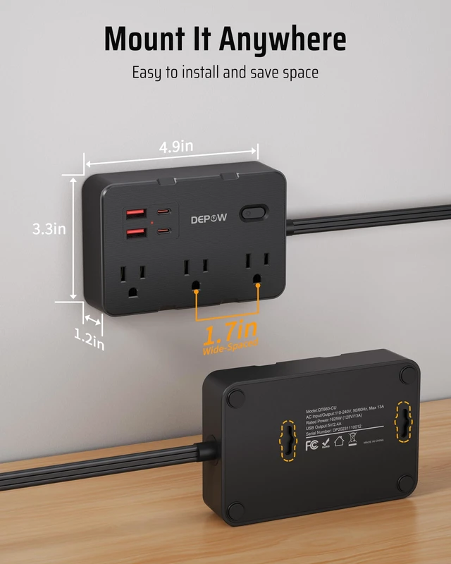 Alt view image 7 of 7 - Surge Protector Power Strip with 6 Outlets 4 USB Ports (2 USB C),5 FT Flat Plug Extension Cord for Home Office, Dorm, Nightstand, 1625/13A, 1050J, Widely Spaced Outlets, Black