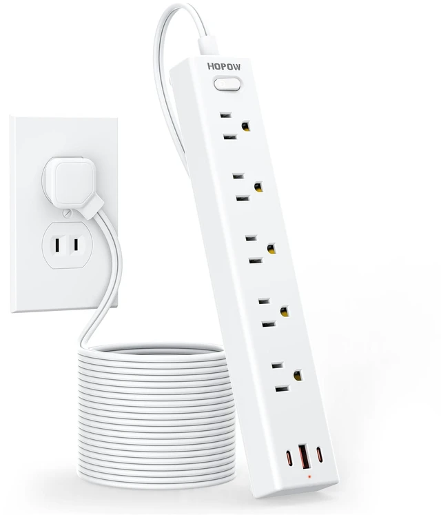 Main image of 5 Outlets 2 Prong Power Strip with 3USB, 10FT Extension Cord for Old House 1700 Joules, Wall Mountable, Flat Plug, 2 Prong to 3 Prong Outlet Adapter, Wide Spaced, White, for Non-Grounded Outlets