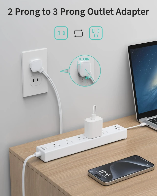 Alt view image 2 of 7 - 5 Outlets 2 Prong Power Strip with 3USB, 6FT Extension Cord for Old House 1700 Joules, Wall Mountable, Flat Plug, 2 Prong to 3 Prong Outlet Adapter, Wide Spaced, White, for Non-Grounded Outlets