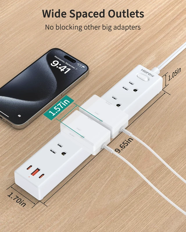 Alt view image 4 of 7 - 5 Outlets 2 Prong Power Strip with 3USB, 6FT Extension Cord for Old House 1700 Joules, Wall Mountable, Flat Plug, 2 Prong to 3 Prong Outlet Adapter, Wide Spaced, White, for Non-Grounded Outlets