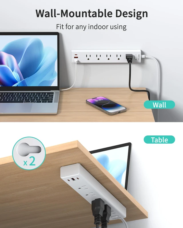 Alt view image 7 of 7 - 5 Outlets 2 Prong Power Strip with 3USB, 6FT Extension Cord for Old House 1700 Joules, Wall Mountable, Flat Plug, 2 Prong to 3 Prong Outlet Adapter, Wide Spaced, White, for Non-Grounded Outlets