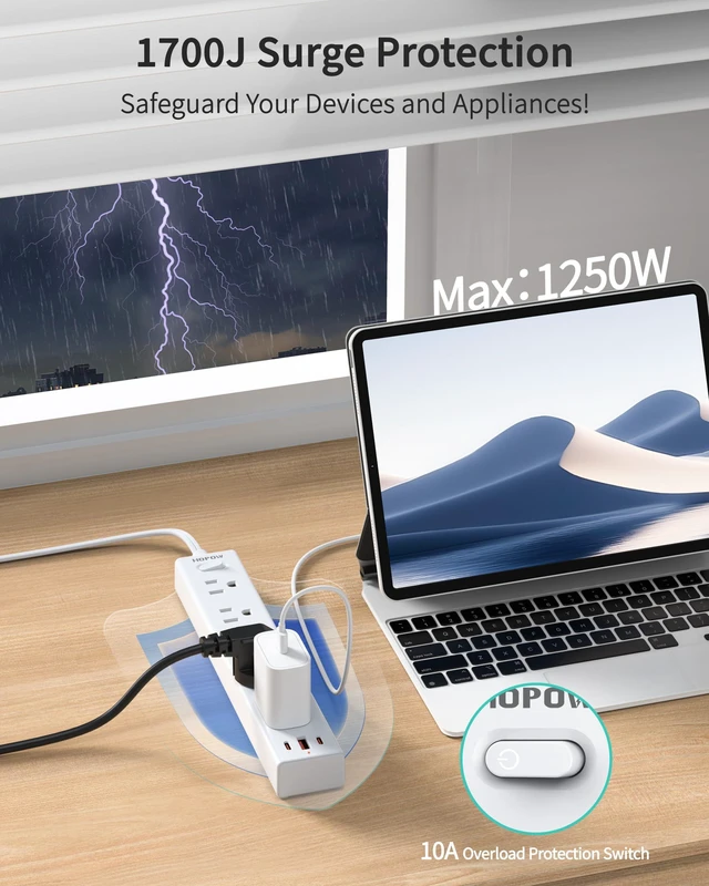 Alt view image 6 of 7 - 5 Outlets 2 Prong Power Strip with 3USB, 10FT Extension Cord for Old House 1700 Joules, Wall Mountable, Flat Plug, 2 Prong to 3 Prong Outlet Adapter, Wide Spaced, White, for Non-Grounded Outlets