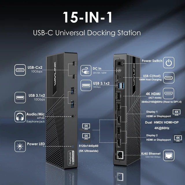 Alt view image 2 of 6 - USB C Docking Station 4K@60Hz 3 Monitor for Mac(M1-M5,Neo),Windows 100W PD Charging for Laptop with Thunderbolt 5/4/3, USB C - Displaylink Triple Monitor, 3 HDMI, 2 DP, 6 USB Ports, LAN, Audio