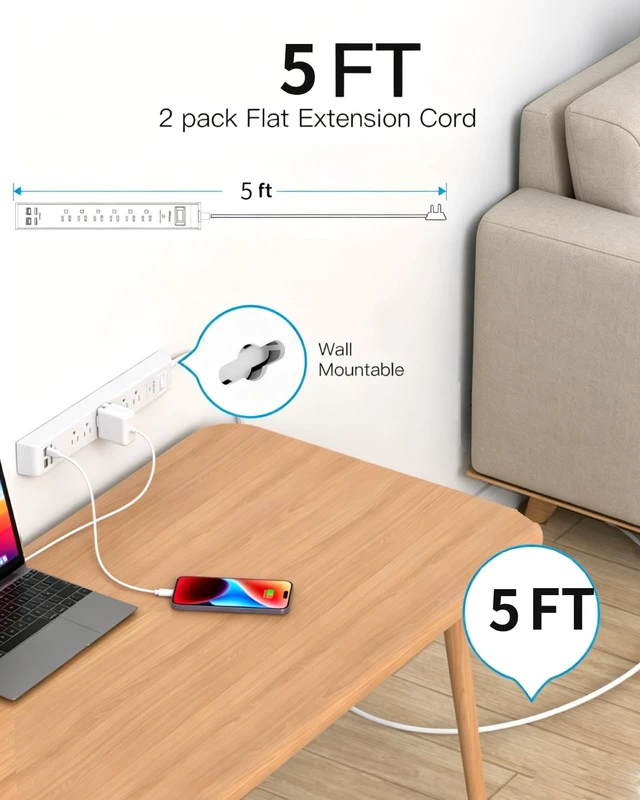Alt view image 5 of 7 - 2 Pack Power Strip, 5FT Extension Cord, Surge Protector with 6 Outlets and 4 USB Ports (2 USB C), Flat Plug Overload Protection, Extension Cord with Multiple Outlets, Wall Mount for Home Dorm College