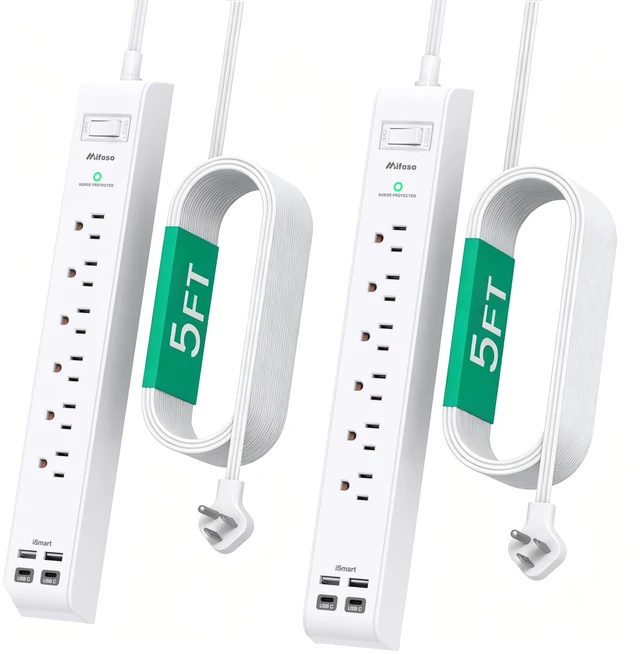 Main image of 2 Pack Power Strip, Extension Cord 5FT, Surge Protector with 6 Outlets and 4 USB Ports (2 USB C), Flat Plug Overload Protection, Extension Cord with Multiple Outlets, Wall Mount for Home Dorm College