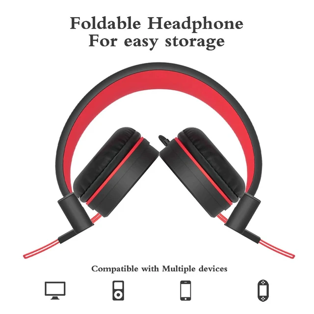 Alt view image 4 of 7 - i37 Kids Headphones for School Children Girls Boys Teens, Red Foldable Adjustable Lightweight, 3.5mm Audio Jack On Ear Headphones for Smartphones Chromebook Computer PC Tablets Travel