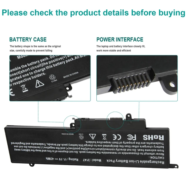 Alt view image 3 of 7 - GK5KY Laptop Battery for Dell Inspiron 11 3000 3147 3148 3153 3152 3157 3158 15 7000 7558 7568 13 7353 7359 7347 7348 7352 92NCT 092NCT 4K8YH 04K8YH RHN1C 0WF28 P20T P20T001 P55F P55F001 451-BBKK