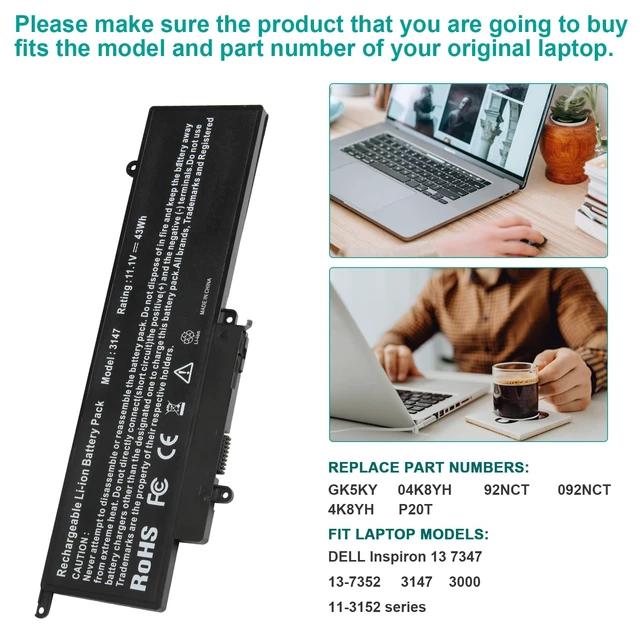 Alt view image 4 of 7 - GK5KY Laptop Battery for Dell Inspiron 11 3000 3147 3148 3153 3152 3157 3158 15 7000 7558 7568 13 7353 7359 7347 7348 7352 92NCT 092NCT 4K8YH 04K8YH RHN1C 0WF28 P20T P20T001 P55F P55F001 451-BBKK