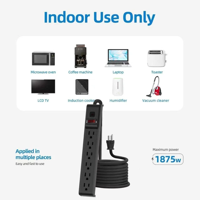 Alt view image 5 of 7 - 6 Outlet Power Strip Surge Protector, 2 FT Extension Cord with Overload Protection, Wall Mountable for Home and Office, 600J, 15A/1875W, ETL Listed, 10 Packs