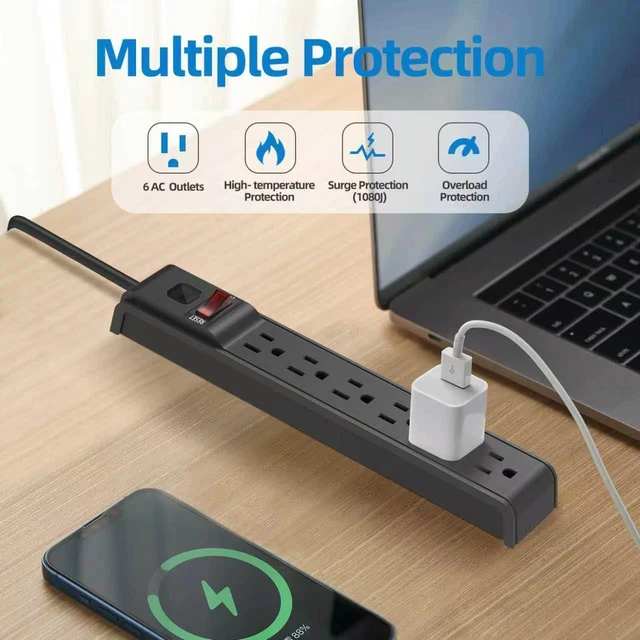 Alt view image 7 of 7 - 6 Outlet Power Strip Surge Protector, 2 FT Extension Cord with Overload Protection, Wall Mountable for Home and Office, 600J, 15A/1875W, ETL Listed, 10 Packs