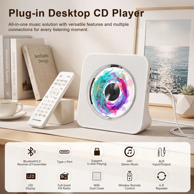 Alt view image 2 of 7 - Portable CD Player with Bluetooth for Home, Hi-Fi Speaker,FM Radio Plug-in desktop use,2-way Bluetooth mode, 3W speakers,Remote control,sleep timer, A-B repeat,USB/AUX,headphone jack